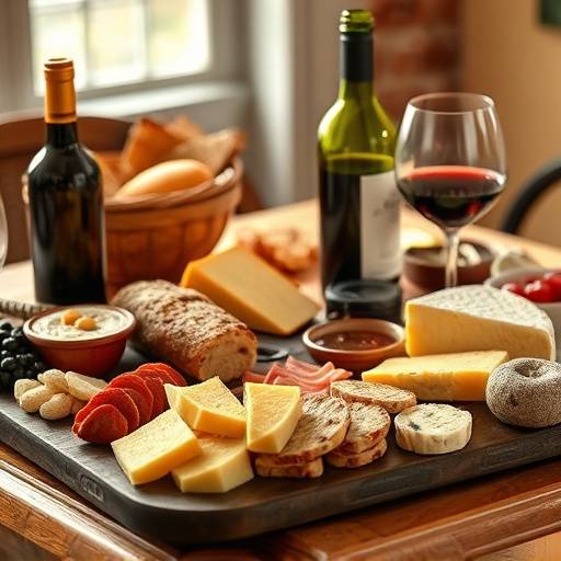 Une table richement garnie de spécialités franäaises : fromage, pain, vin et charcuterie